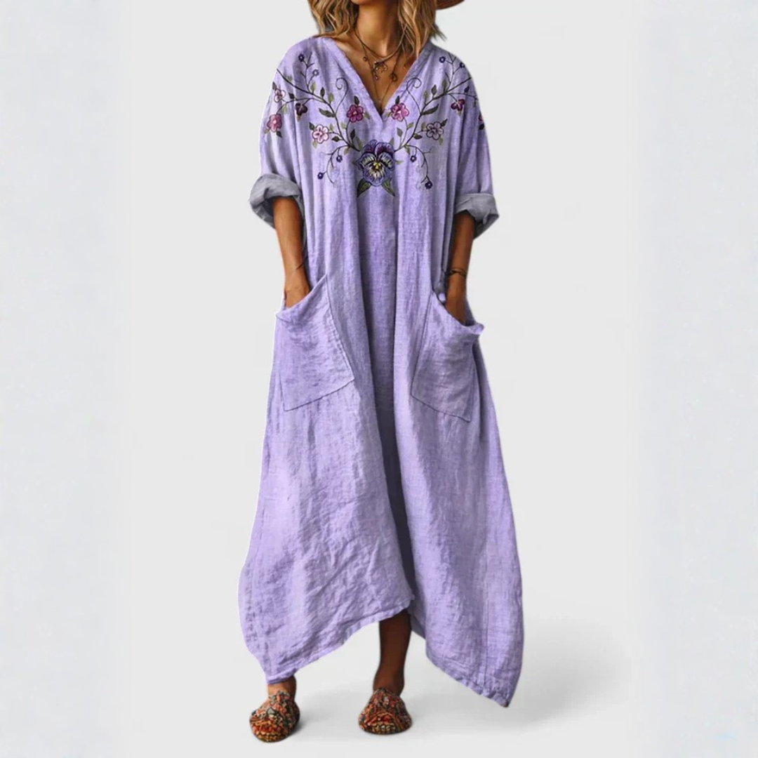 V-Neck Floral Embroidered Linen Pocket Loose Maxi Dress