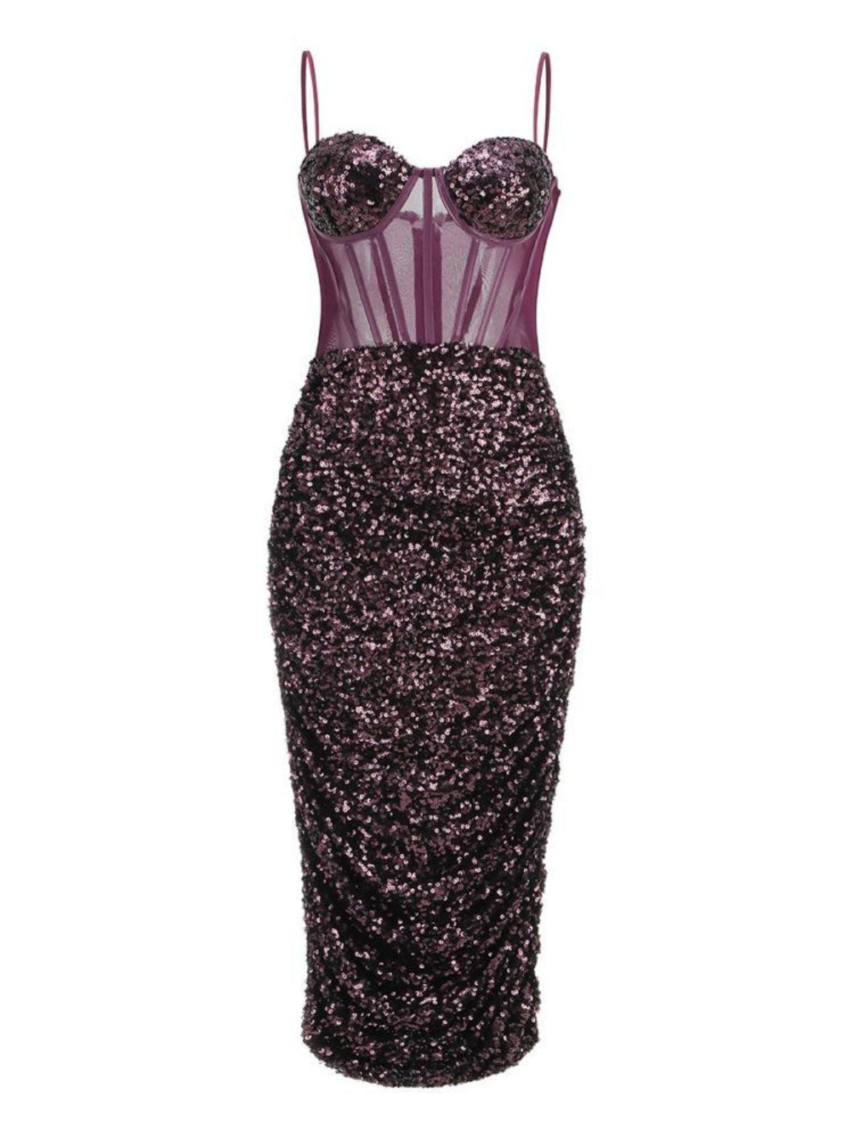 Sevyn Corset Sequin  Midi Dress In Purple