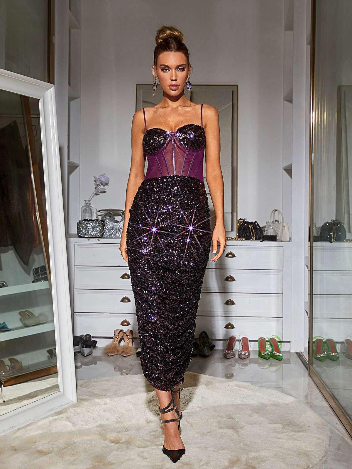 Spaghetti Strap Corset Sheer Sequin Bodycon Midi Dress