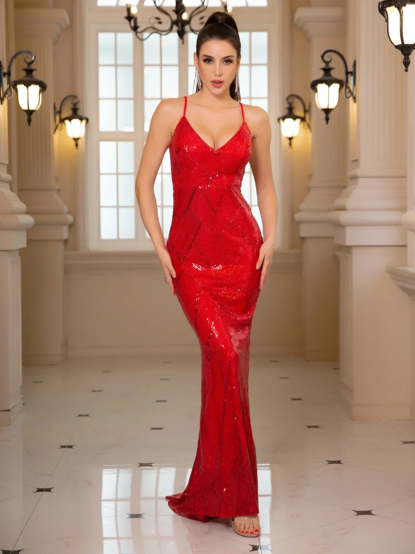 Backless Padded Sequin Party Dress Red / S Partydress-241208