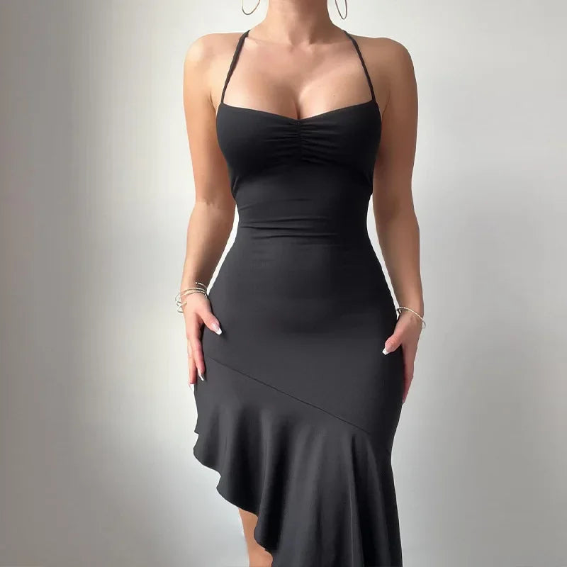 Backless Ruffle Elegant Tie Detail Sleeveless Es Summer Midi Dress Black / S