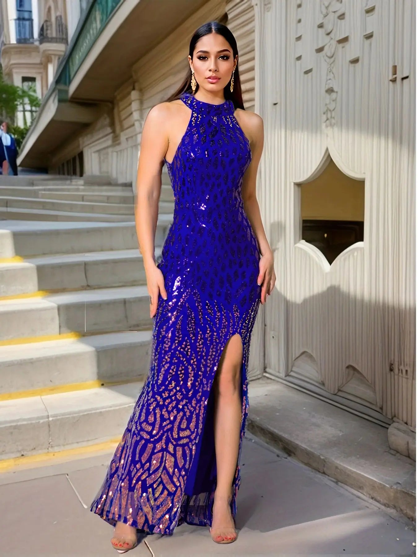 Shiny Sequined Slit Party Dress
