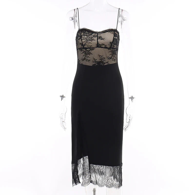 2024 Black Spaghetti Strap Backless Split Lace Dress