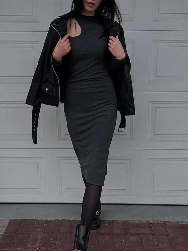 Cut Out Oneck Long Sleeve Solid Casual Midi Dresses