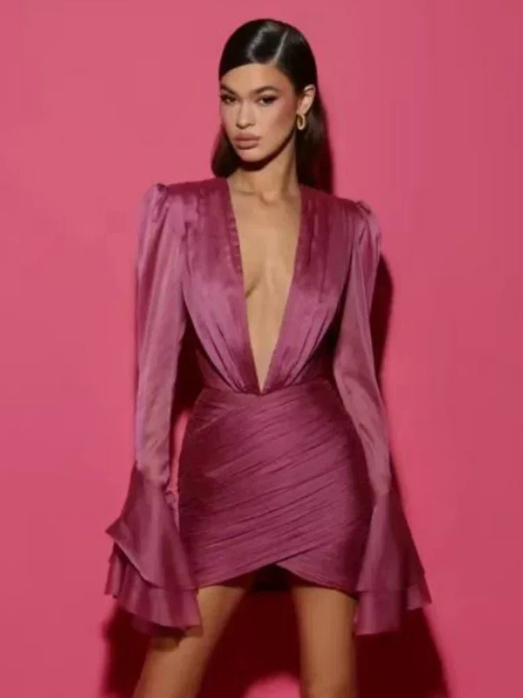Sexy Deep V Neck Flare Sleeve Pleats Mini Backless Party Dress