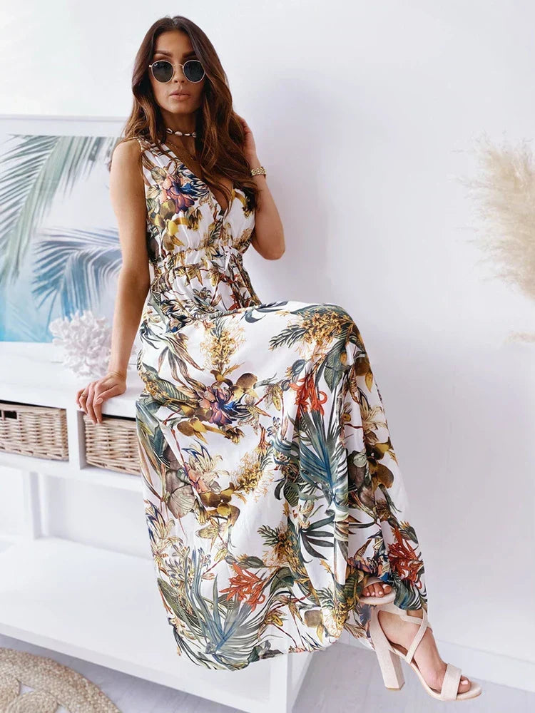 Deep V Neck Print Sleeveless Boho Dress White / S