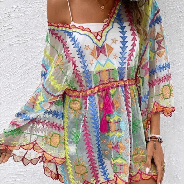 Deep V-neck Tunic Lace Boho Mini Beach Cover up
