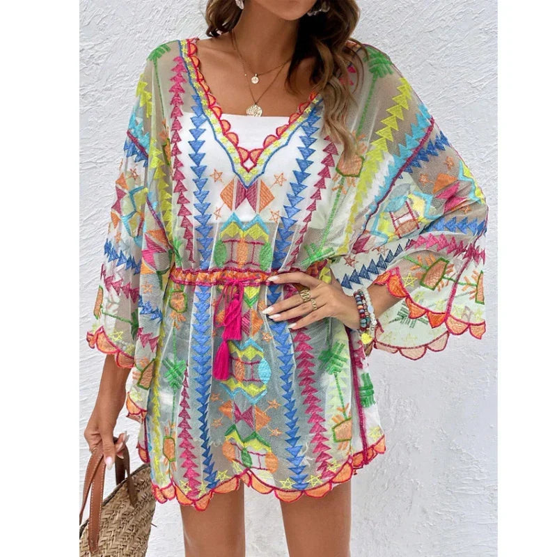 Deep V-neck Tunic Lace Boho Mini Beach Cover up as picture / One Size bohocoverup-250126