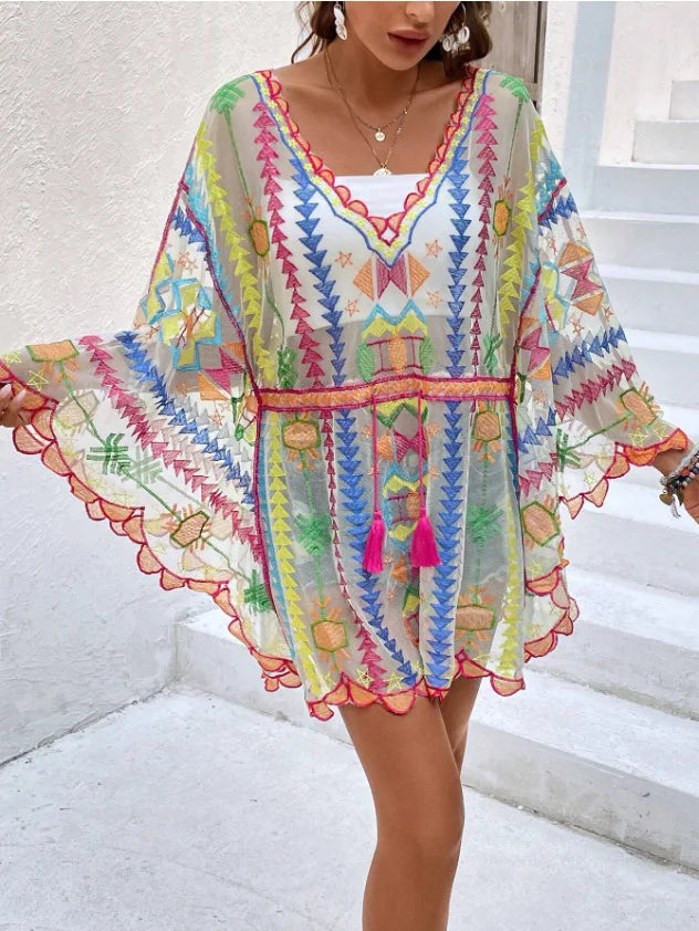 Deep V-neck Tunic Lace Boho Mini Beach Cover up