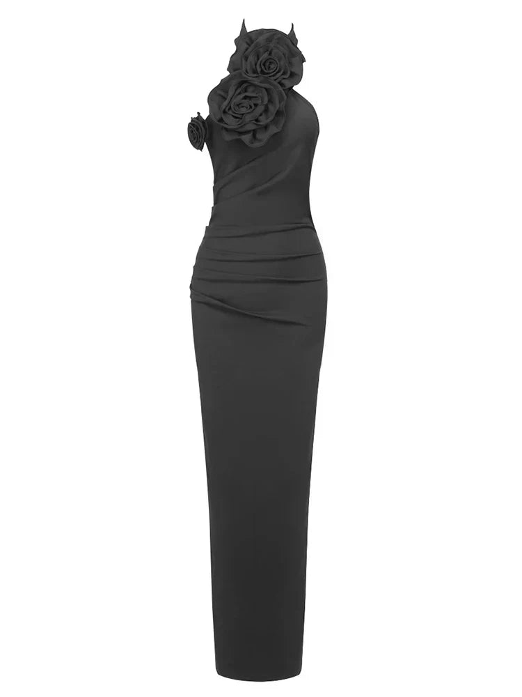 Sexy Halter Backless 3D Flower White Sleeveless High Split Christmas Party Dress Black / S Dresses-L