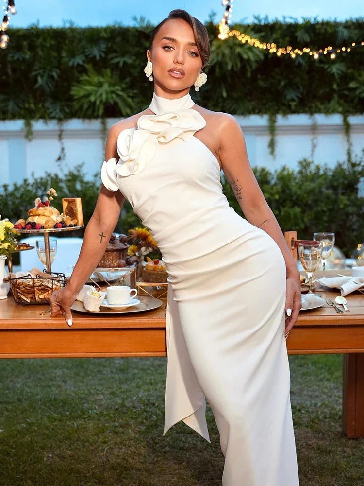 Sexy Halter Backless 3D Flower White Sleeveless High Split Party Dress
