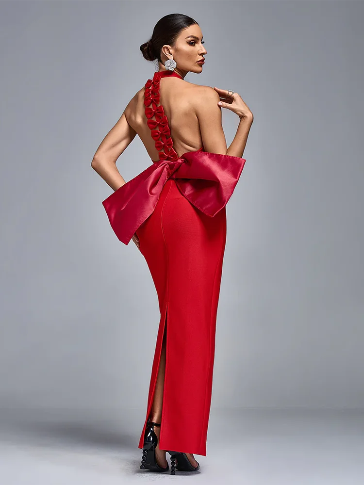 Sexy Halter Neck Backless Bow Design Red Sleeveless Bodycon Party Dress