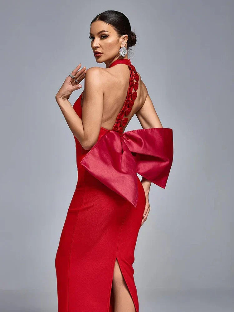 Sexy Halter Neck Backless Bow Design Red Sleeveless Bodycon Party Dress