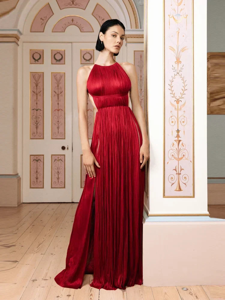 Sexy Halter Neck Chain Pleated High Split Long Dress Backless Party Dress