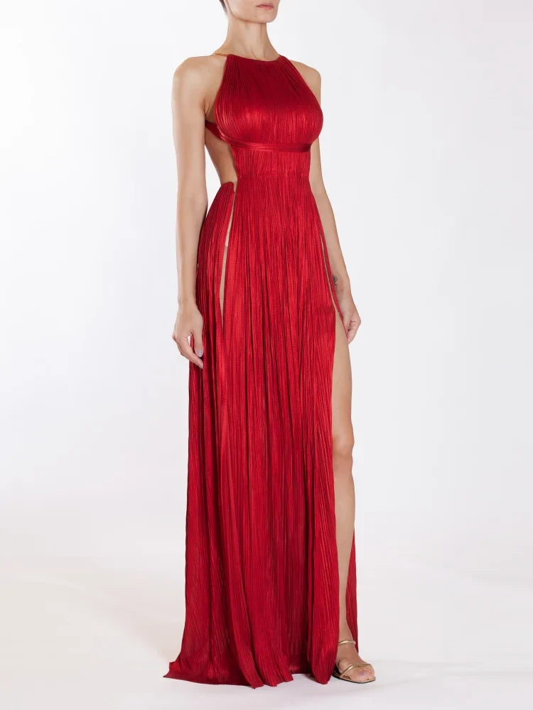 Sexy Halter Neck Chain Pleated High Split Long Dress Backless Party Dress
