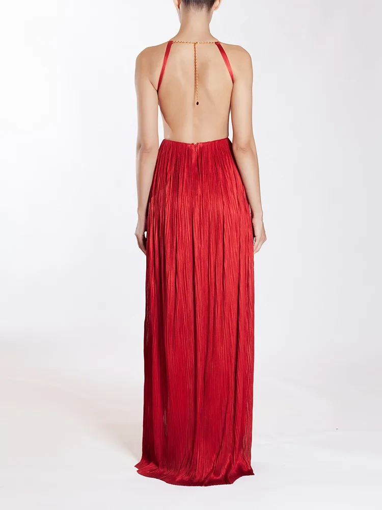 Sexy Halter Neck Chain Pleated High Split Long Dress Backless Party Dress