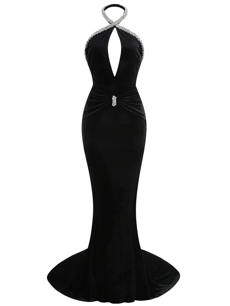 Sexy Halter Neck Diamonds Chain Hollow Out Black Velvet Sleeveless Christmas Party Dress / Xs