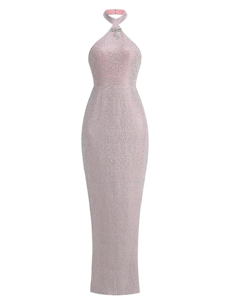 Sexy Halter Neck Shiny Diamonds Bow Maxi Dress Backless Christmas Party Pink / Xs Dresses-L