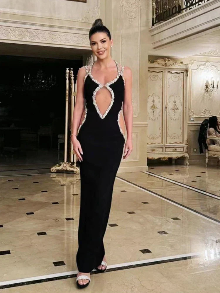 Sexy Halter Neck Sling Hollow Out Crystal Bandage Dress Long Party Dress
