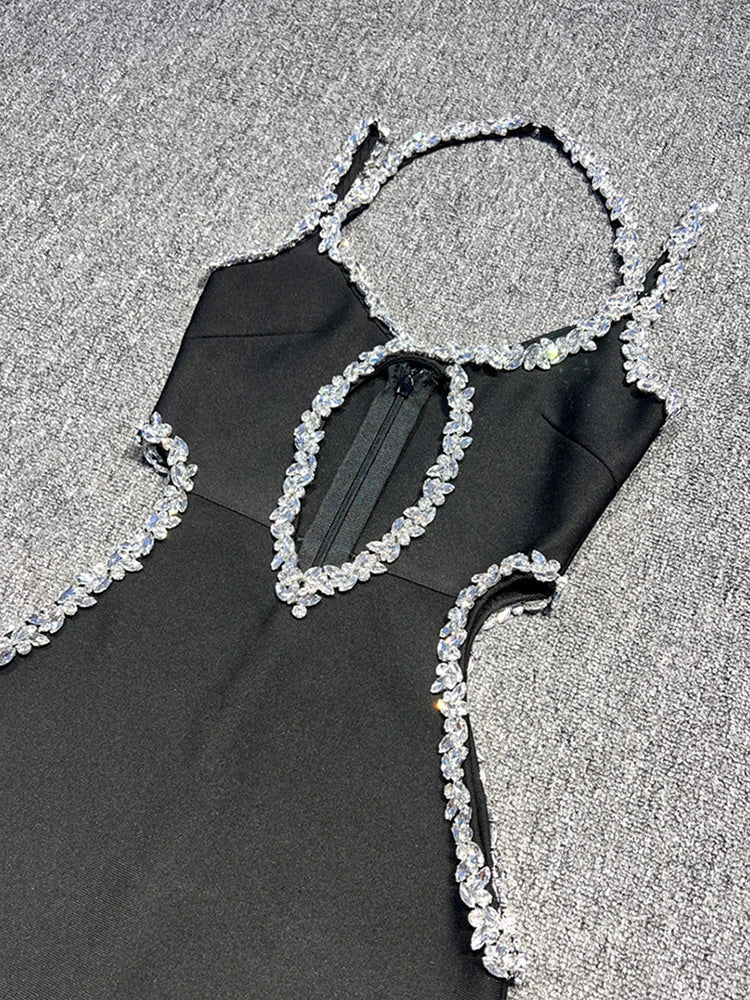Sexy Halter Neck Sling Hollow Out Crystal Bandage Dress Long Party Dress