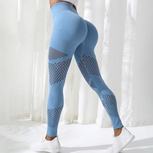 Hollow Stripe Gym Yoga Sports Female Clothing Legging Blue / S