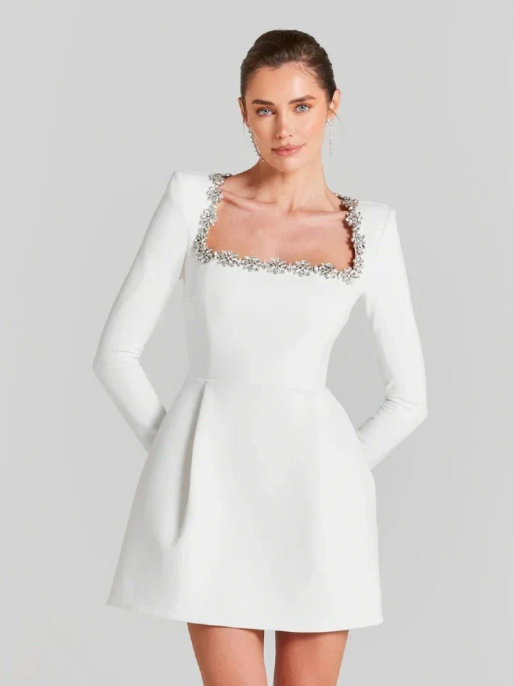 Sexy Long Sleeves Square Collar Crystal A-Line Slim Dress Elegant Party Dress