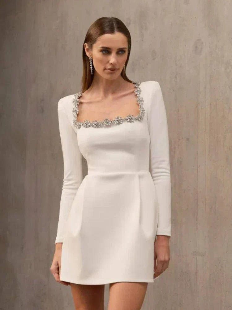 Sexy Long Sleeves Square Collar Crystal A-Line Slim Dress Elegant Party Dress