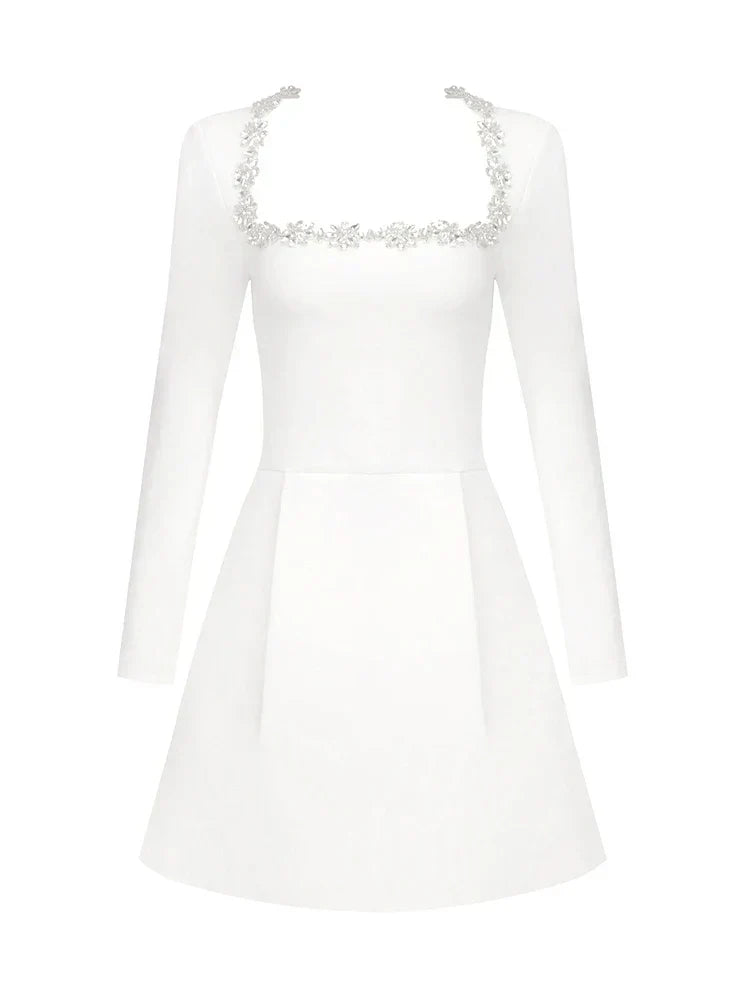 Sexy Long Sleeves Square Collar Crystal A-Line Slim Dress Elegant Christmas Party White / Xs