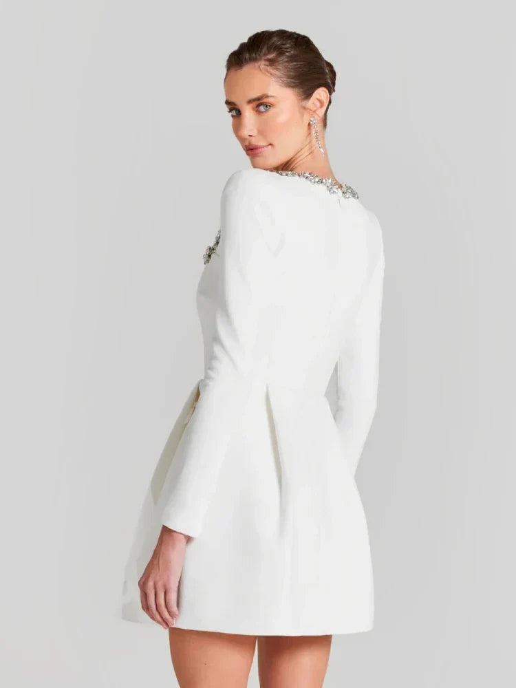 Sexy Long Sleeves Square Collar Crystal A-Line Slim Dress Elegant Party Dress