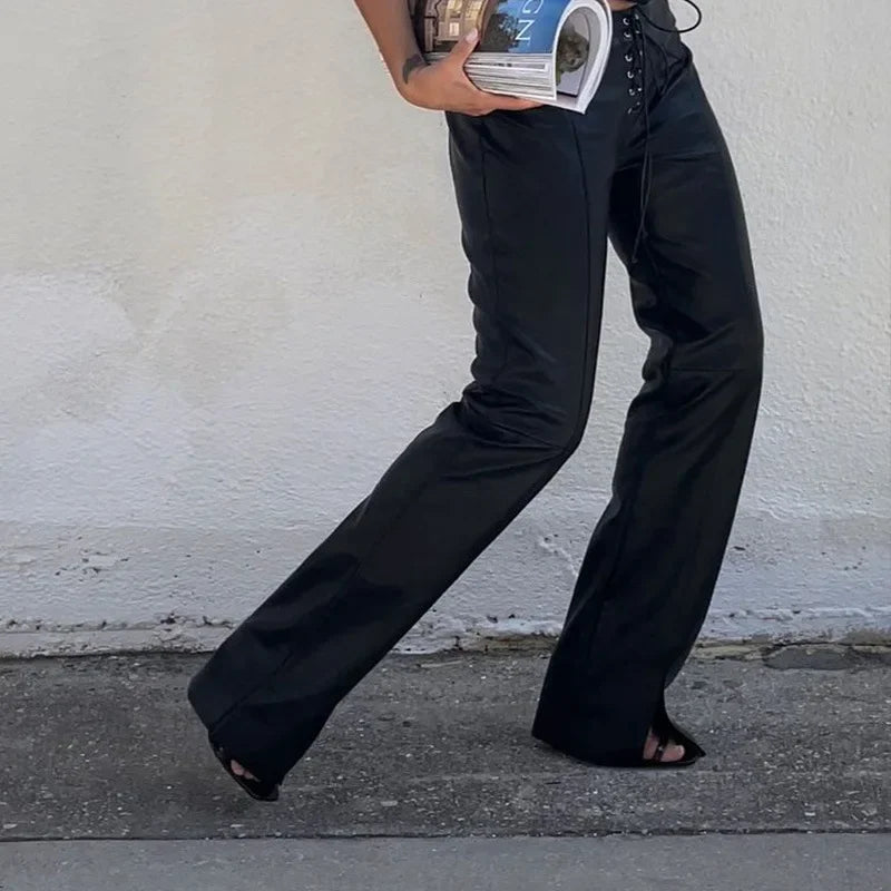 Sexy Low Waist PU Leather Slim Lace Up Hem Split FloorLength Clubwear Pants