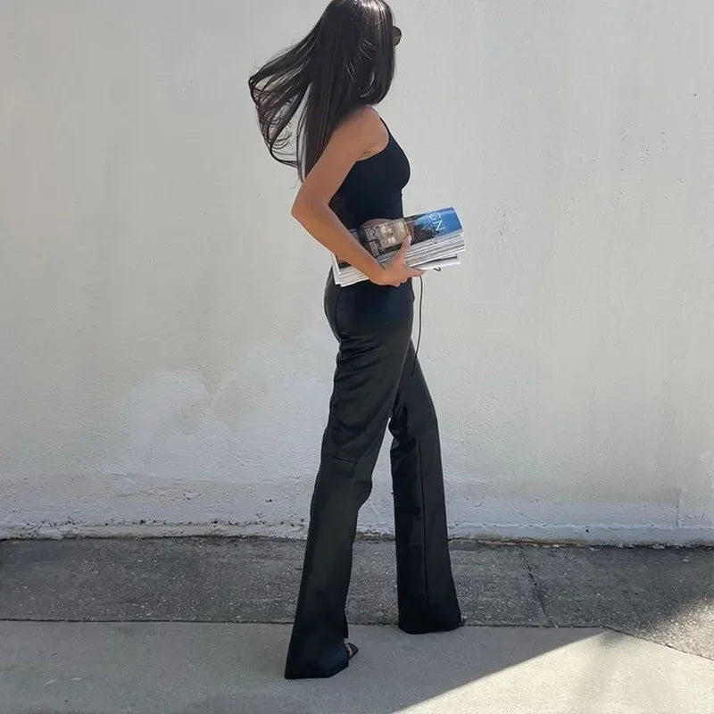 Sexy Low Waist PU Leather Slim Lace Up Hem Split FloorLength Clubwear Pants