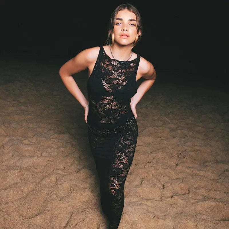 2024 Mesh See Through Slim Maxi Lace Dress