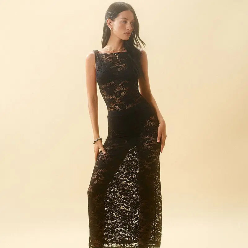 2024 Mesh See Through Slim Maxi Lace Dress