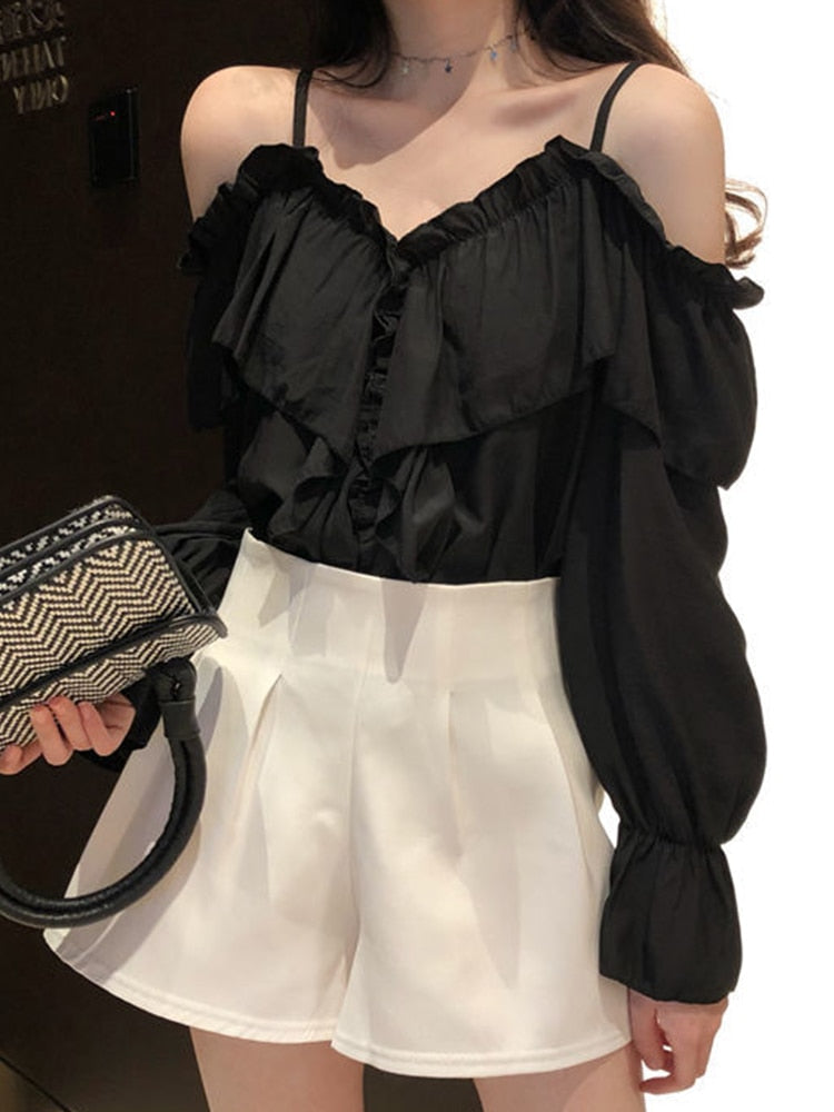 Casual Loose Spaghetti Strap Flare Sleeve Ruffles Tops