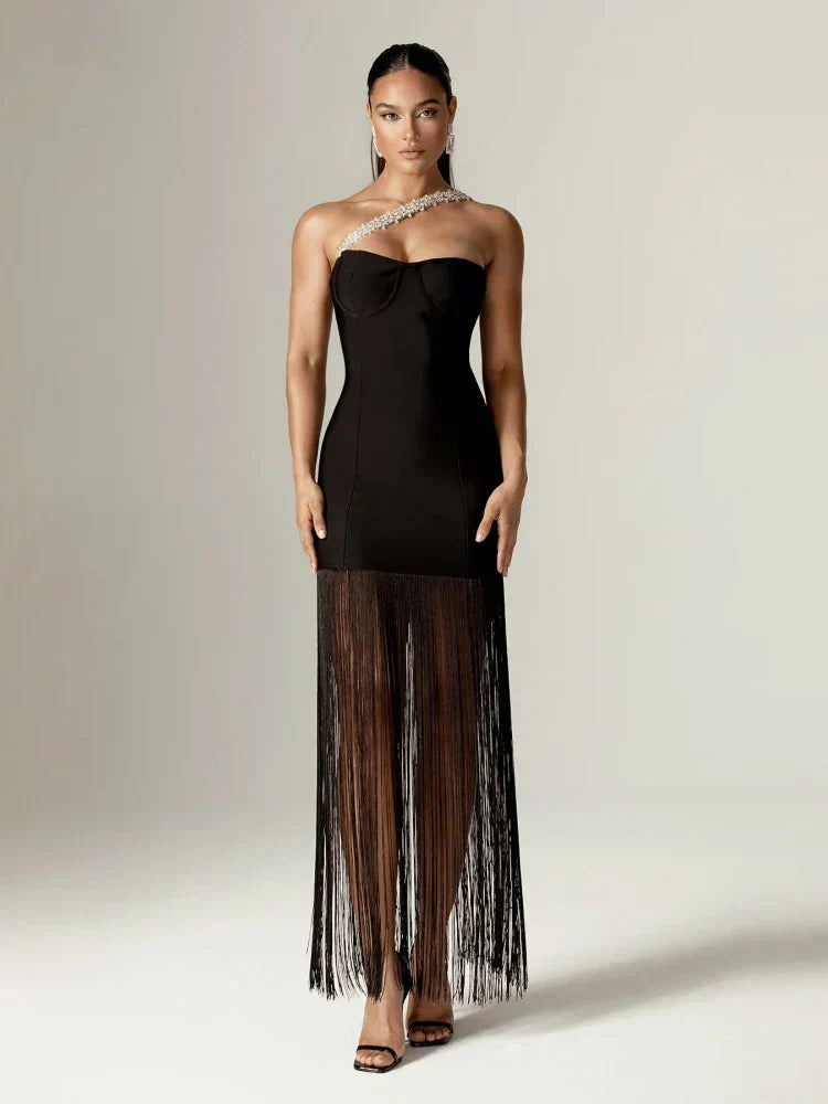 Sexy One Shoulder Diamonds Strap Tassel Bandage Dress Shiny Rhinestone Party Dress