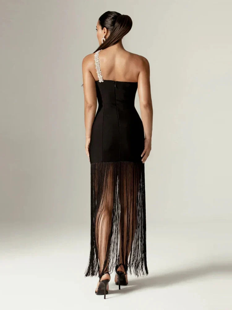 Sexy One Shoulder Diamonds Strap Tassel Bandage Dress Shiny Rhinestone Party Dress