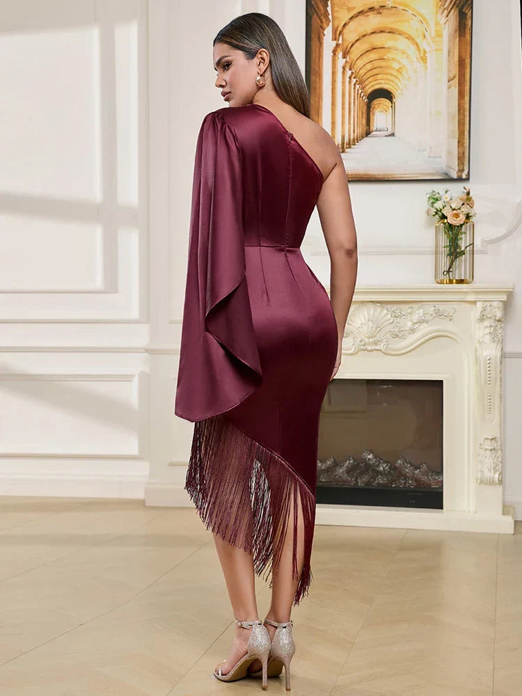 Sexy One Shoulder Tassel Design Diagonal Collar Asymmetric Fringe Party Dress