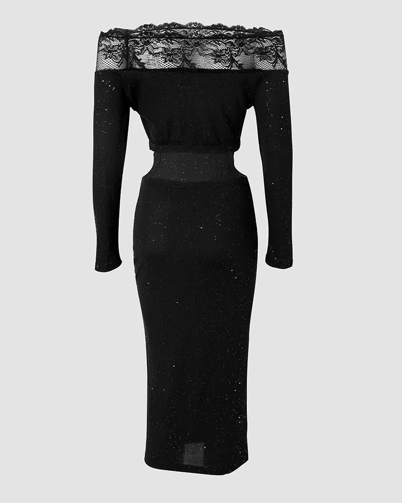 Off Shoulder Long Sleeve Contrast Lace Glitter Bodycon Mini Dress