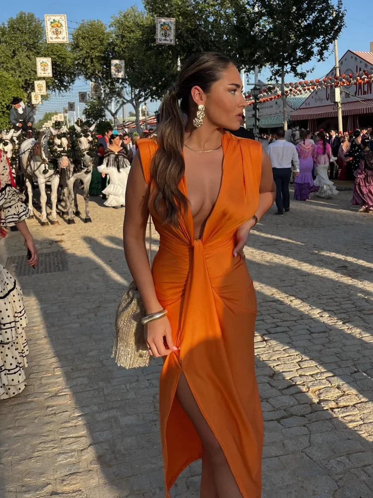 Plunge V-Neck Sleeveless Satin Twist Front Ruched Bodycon Maxi Dress