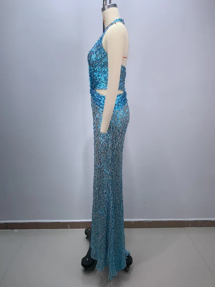 Sexy Sling Deep V-Neck Sequins Long Dress Hollow Out Slim Party Dress