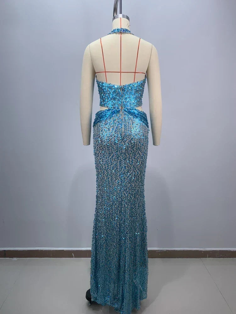 Sexy Sling Deep V-Neck Sequins Long Dress Hollow Out Slim Party Dress