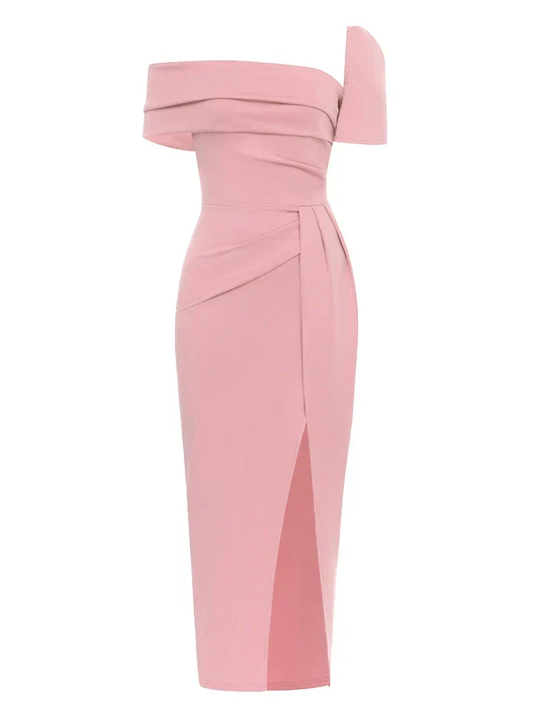Sexy Square Collar Folds Design Long Dress Short Sleeves Christmas Party Pink / S Dresses-L