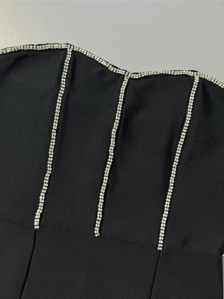 Sexy Strapless Diamonds Chain Bandage Long Black Sleeveless Backless Crystal Party Dress