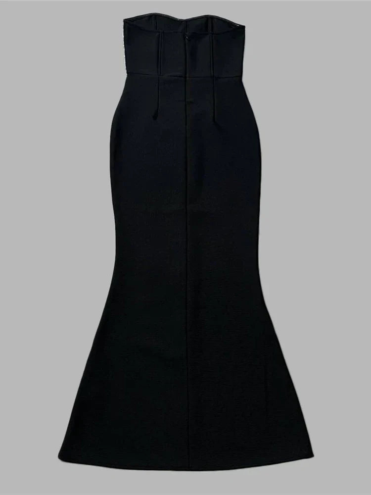 Sexy Strapless Diamonds Chain Bandage Long Black Sleeveless Backless Crystal Party Dress