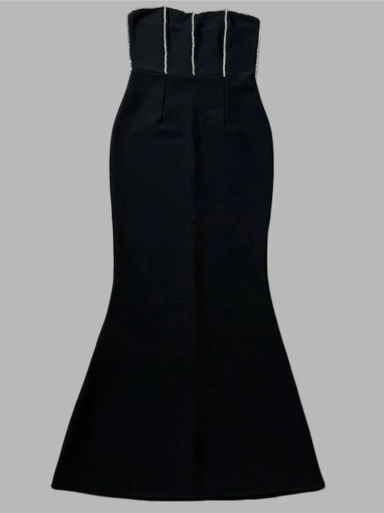 Sexy Strapless Diamonds Chain Bandage Long Black Sleeveless Backless Crystal Party Dress