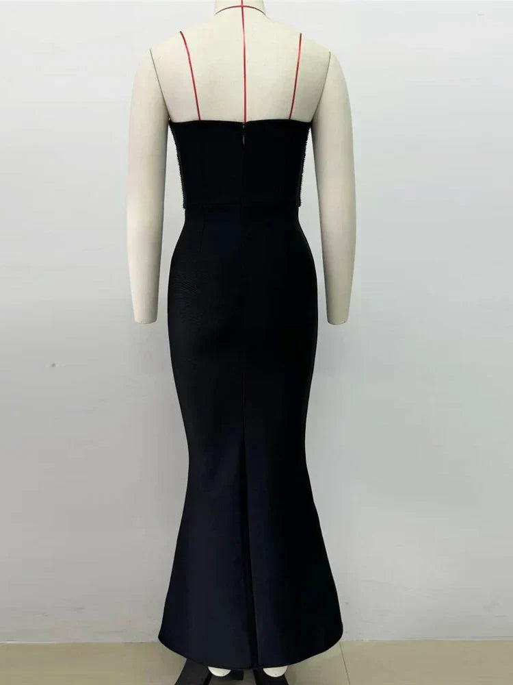 Sexy Strapless Diamonds Chain Bandage Long Black Sleeveless Backless Crystal Party Dress