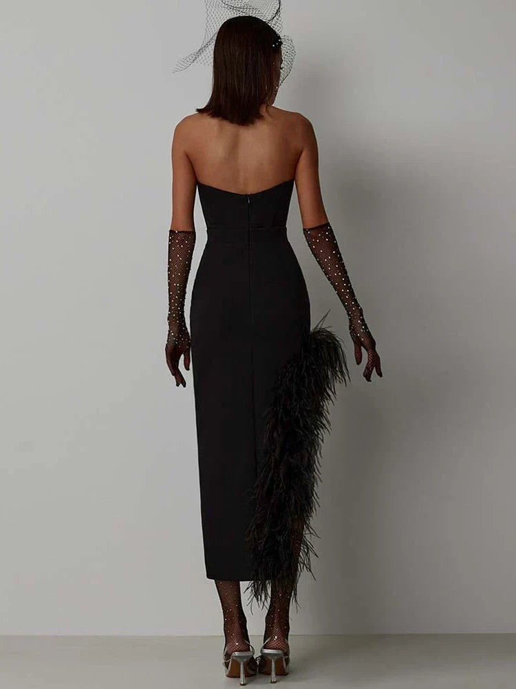 Sexy Strapless Feathers Midi Bandage Black White Backless Party Dress