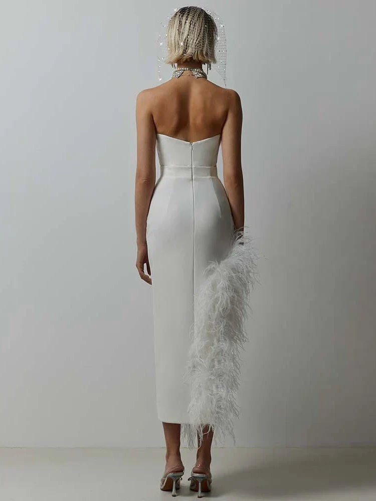 Sexy Strapless Feathers Midi Bandage Black White Backless Party Dress