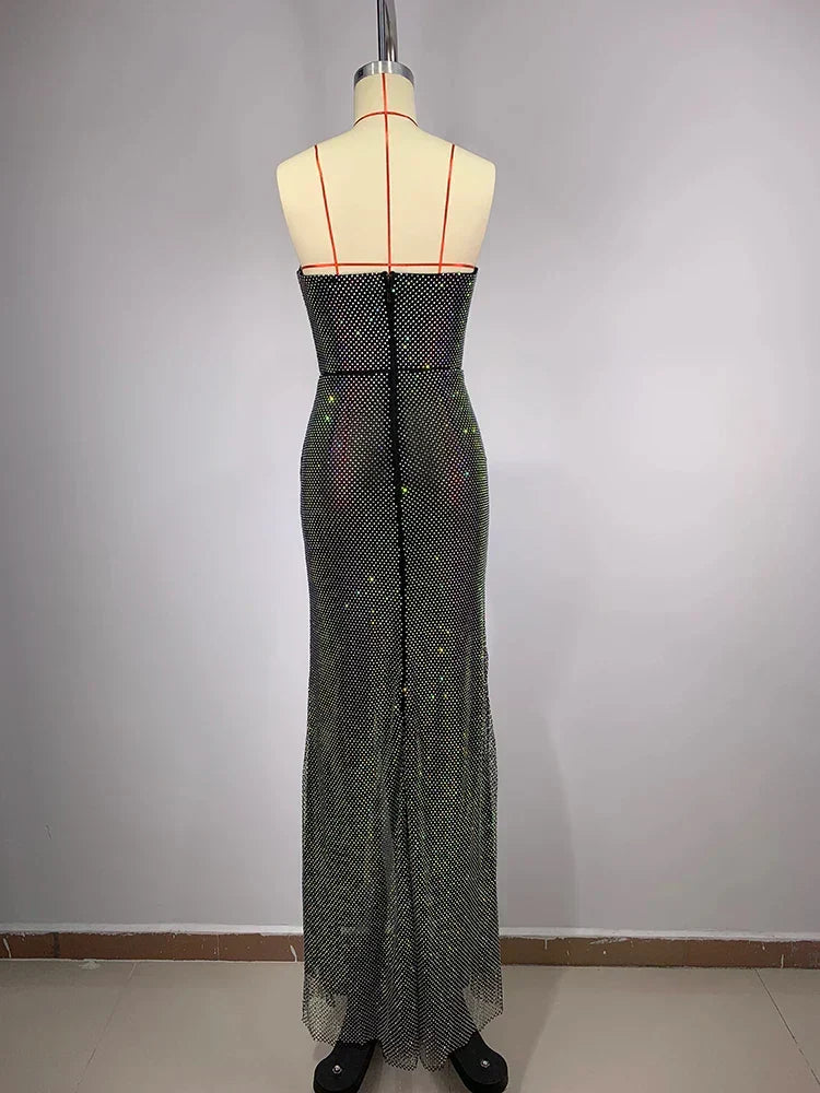 Sexy Strapless Luxury Diamonds Long Dress Shiny Sequins Crystal Folds Party Dress