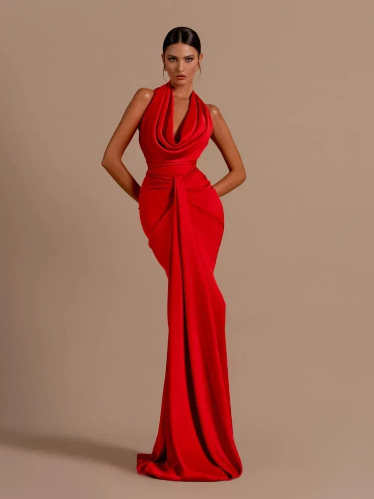 Sexy Swinging Collar Backless Pleated Long Dress Draped Design Party Dress